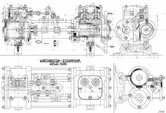 Tekeningen van een duplex worthigton stoompomp